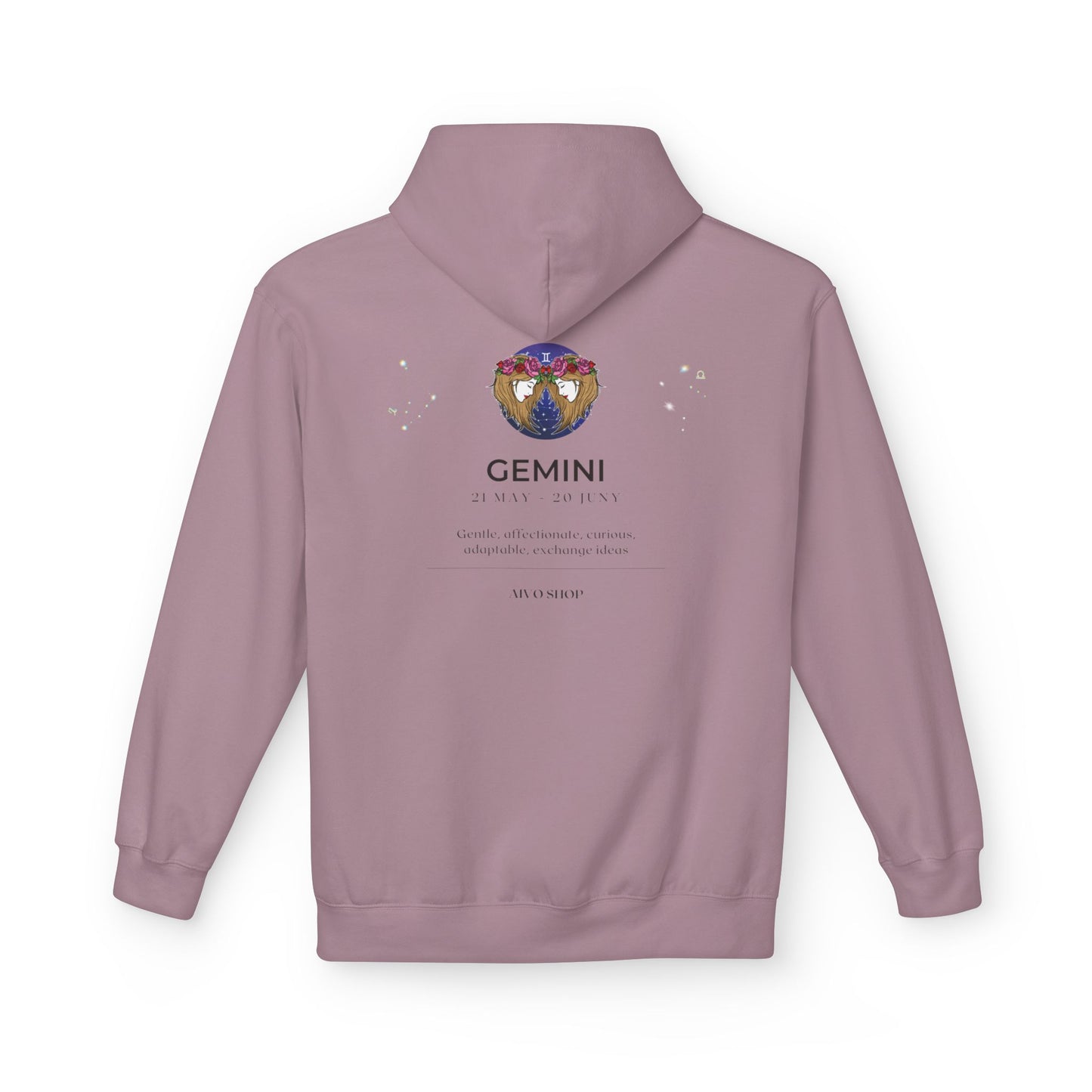 Gemini Zodiac Fleece Hoodie - Softstyle Unisex Midweight Sweatshirt with Floral Artwork