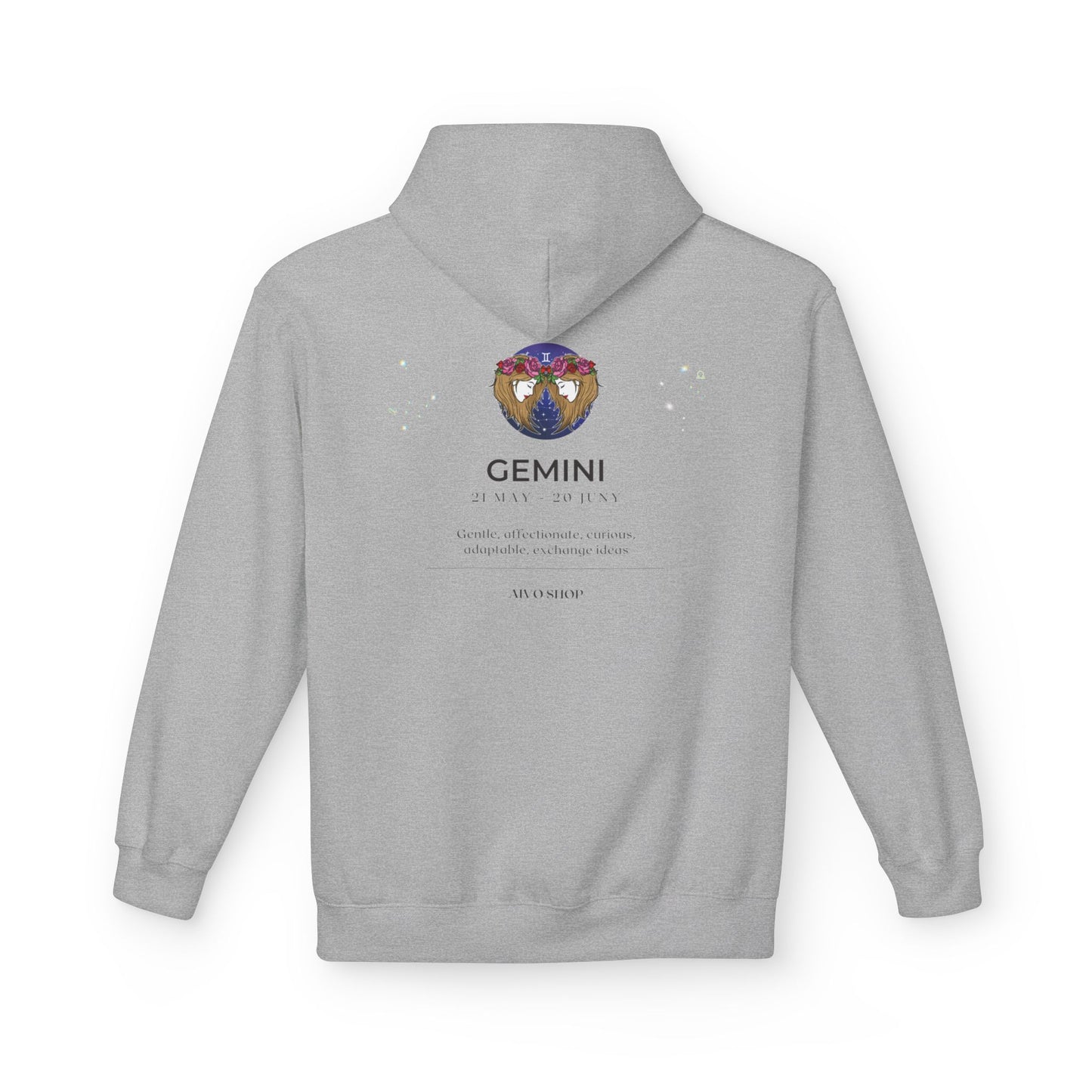 Gemini Zodiac Fleece Hoodie - Softstyle Unisex Midweight Sweatshirt with Floral Artwork